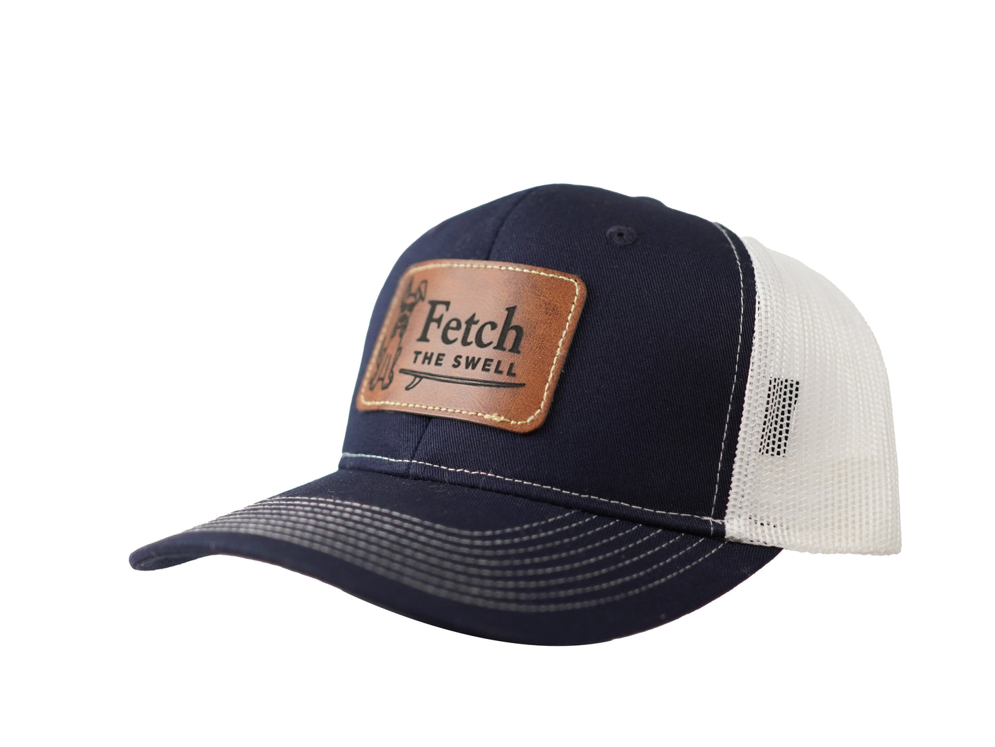 Leather Patch Trucker Hat – White/Navy