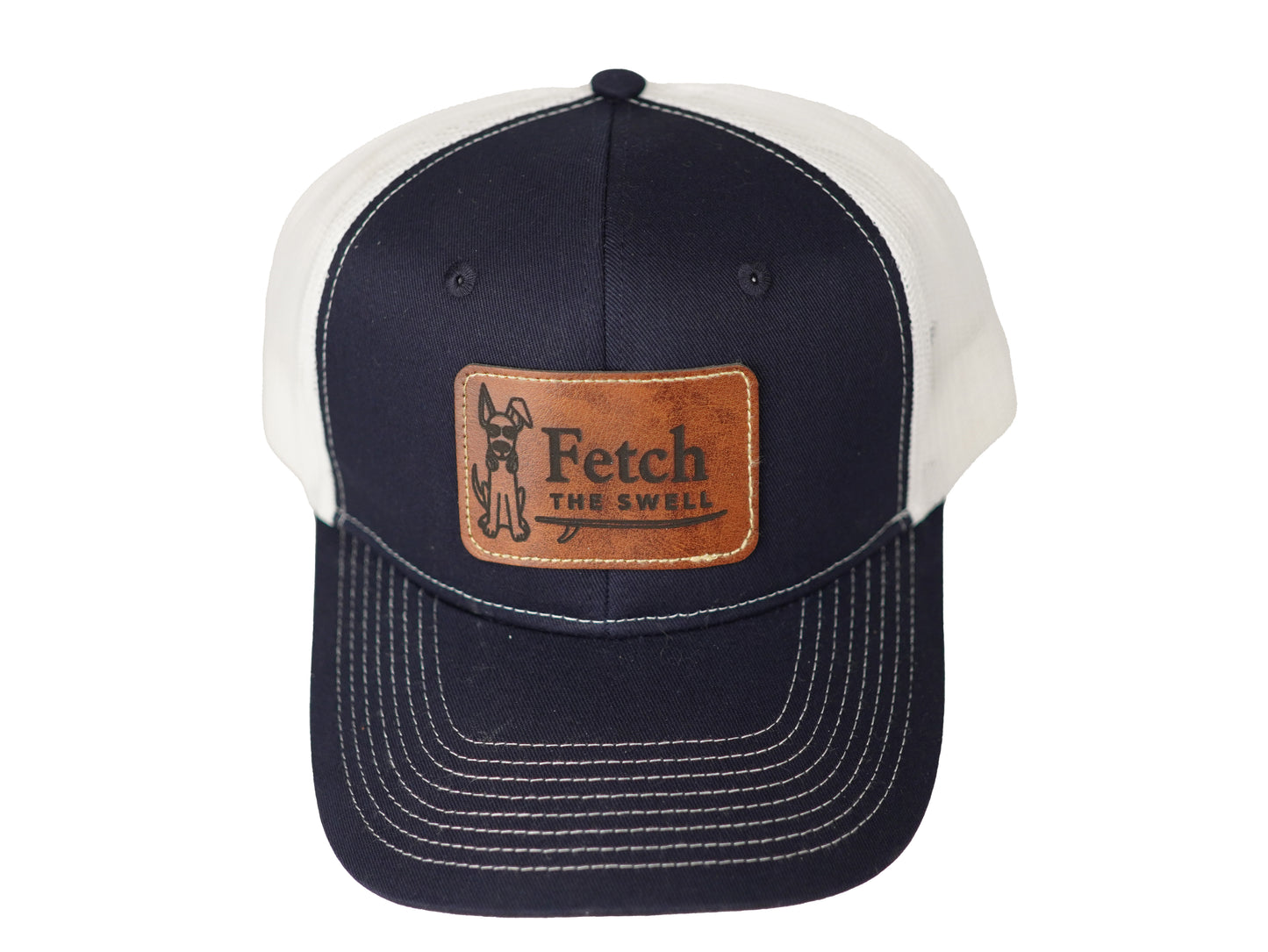 Leather Patch Trucker Hat – White/Navy