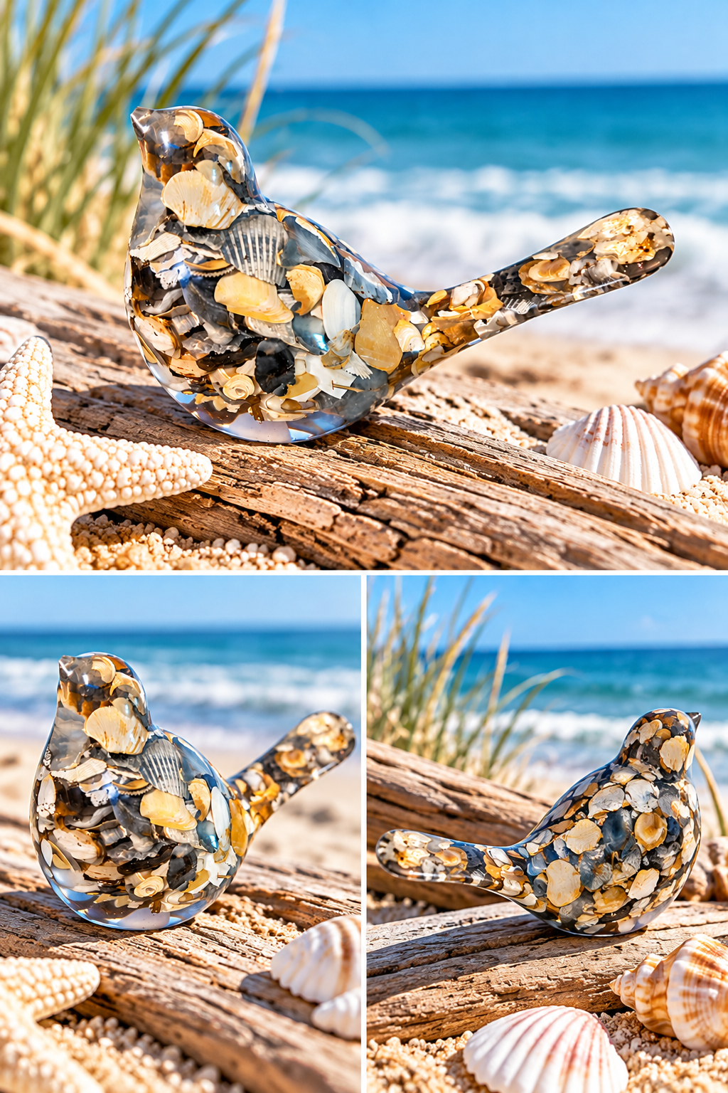 A decorative bird-shaped glass sculpture filled with seashells and sea urchins, shown on a beach log with starfish and shells, with a beach and ocean background.