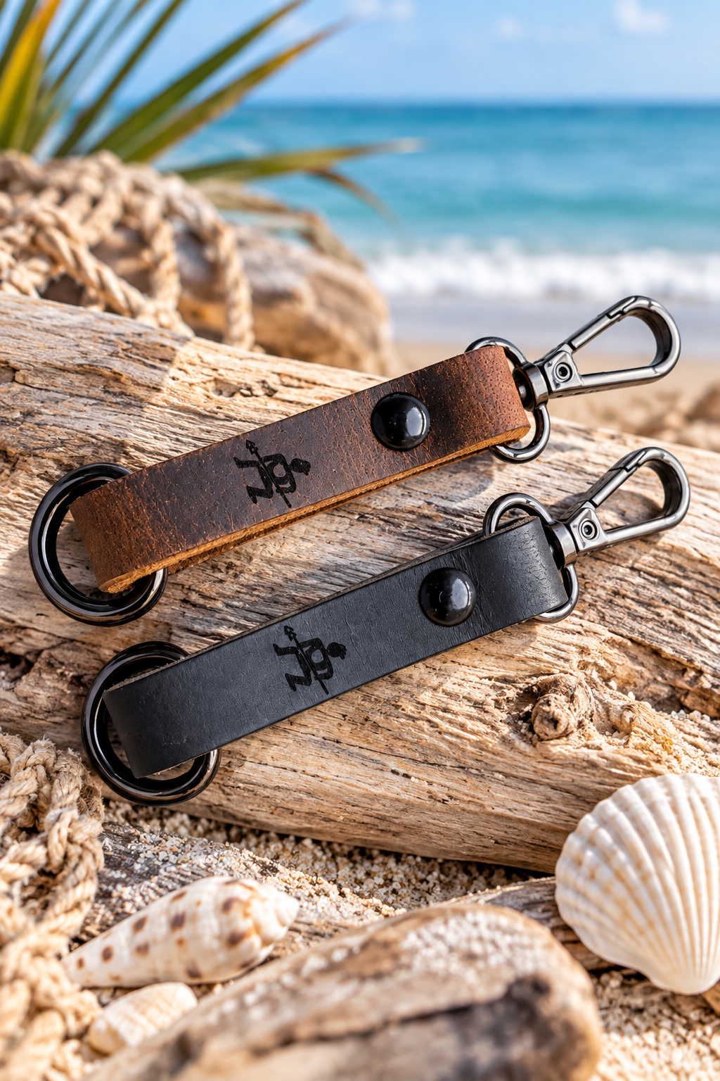 Black and brown Warrior Strong leather keychain set with heavy-duty hardware on a coastal beach background