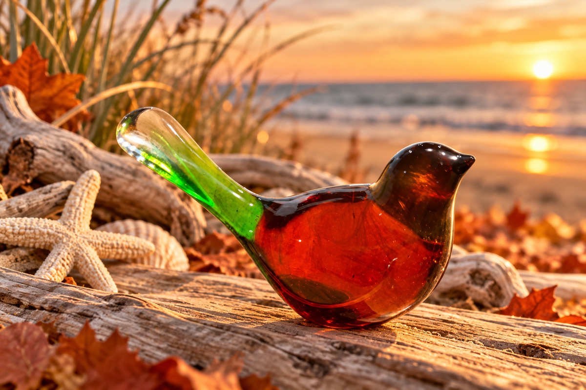 Amber-red and green decorative resin bird displayed on driftwood with seashells, autumn leaves, and a golden beach sunset.