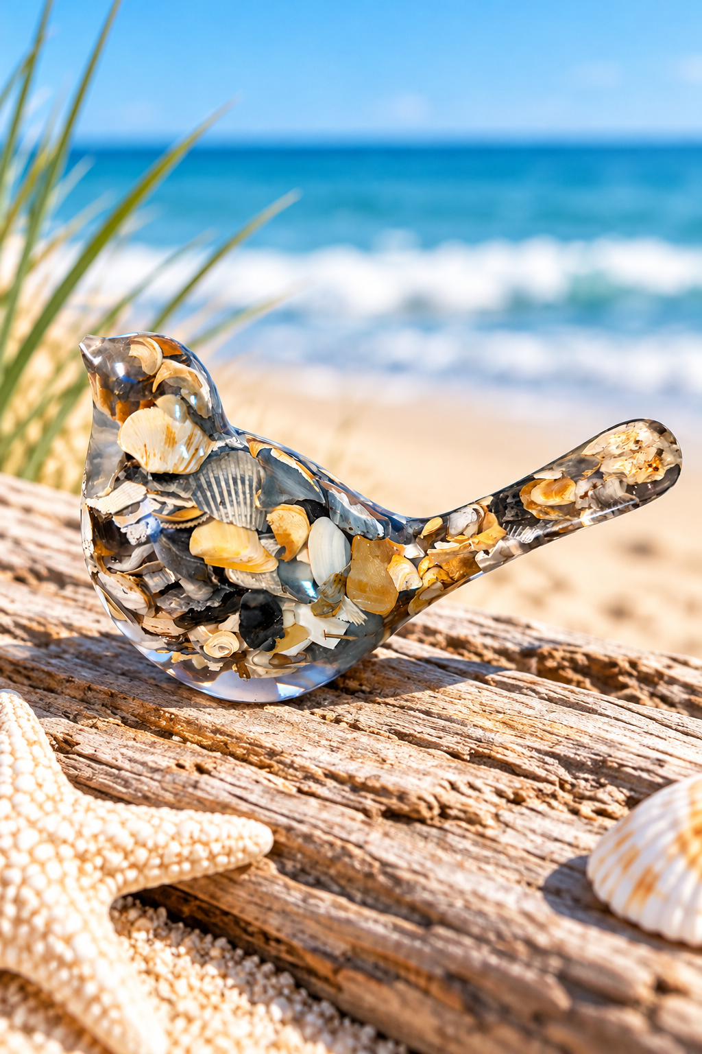 Decorative resin bird filled with seashells, displayed on driftwood with starfish and a sandy beach with ocean waves in the background.
