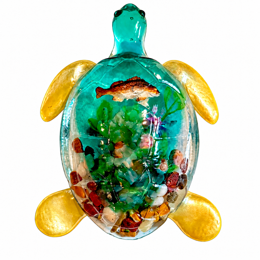 Handmade resin sea turtle with colorful underwater ocean scene