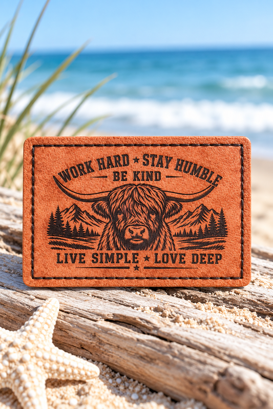 Tan engraved leather patch featuring a Highland cow, mountain scenery, and inspirational sayings, displayed on driftwood with a beach and ocean background.