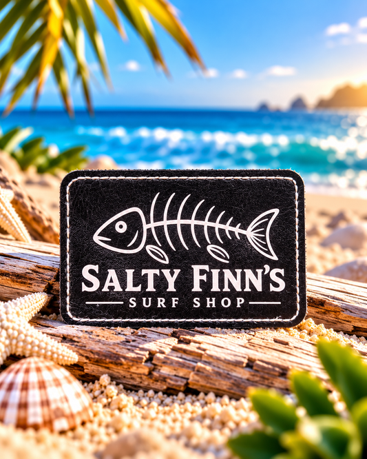 Black Salty Finns Surf Shop patch featuring a white fish skeleton design and lettering, displayed on driftwood with seashells and ocean waves in the background.