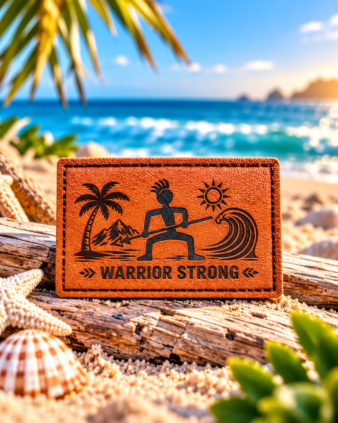 Brown Warrior Strong leather patch with engraved warrior, palm tree, mountains, sun and ocean wave, displayed on driftwood against a tropical beach background.