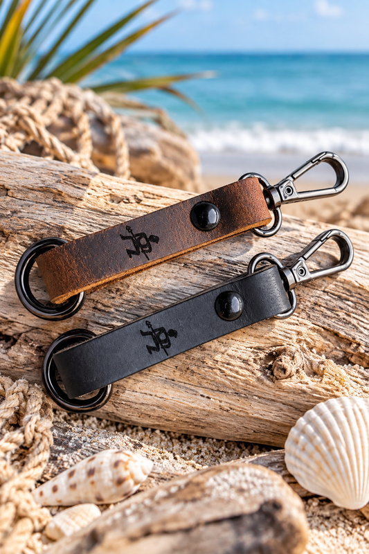 Brown and black Warrior Strong leather keychains with engraved designs, metal swivel clasps and key rings, displayed on driftwood beside seashells at the beach.